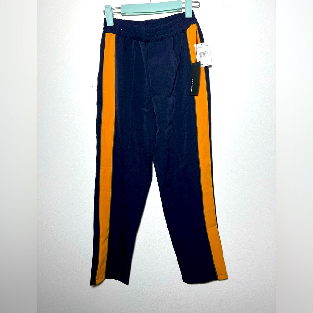 Chloe & Katie Brand Navy w/ yellow stripe detail pants workpants w/ front pleat
